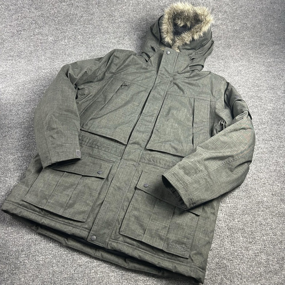 L.L.Bean Coat Mens XL Grey Hooded TEK Insulated Parka Faux Fur Trim Winter